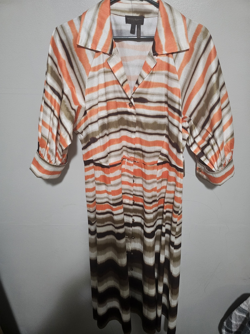 Donna Karan Orange, Brown & Cream Striped Shirt Dress